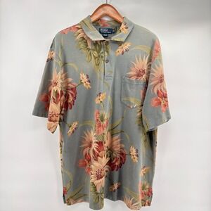 Polo Ralph Lauren Floral Tropical Polo Shirt Mens XLT Tall Blue Orange Cotton